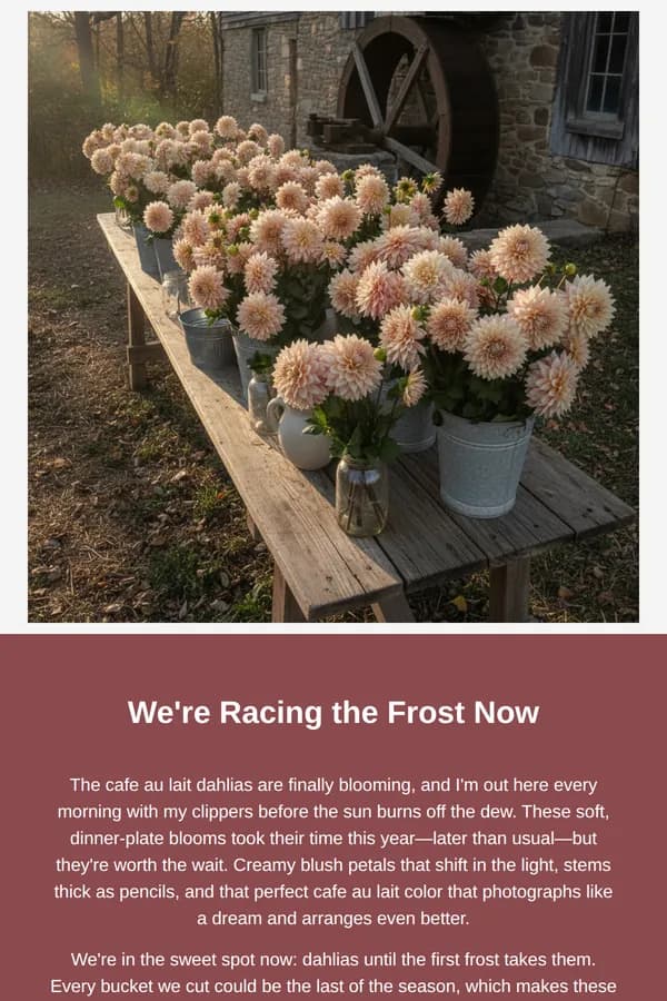 Wrenmere Flower Farm newsletter: Cafe au Lait Dahlias Are Here — Final Weeks Before Frost