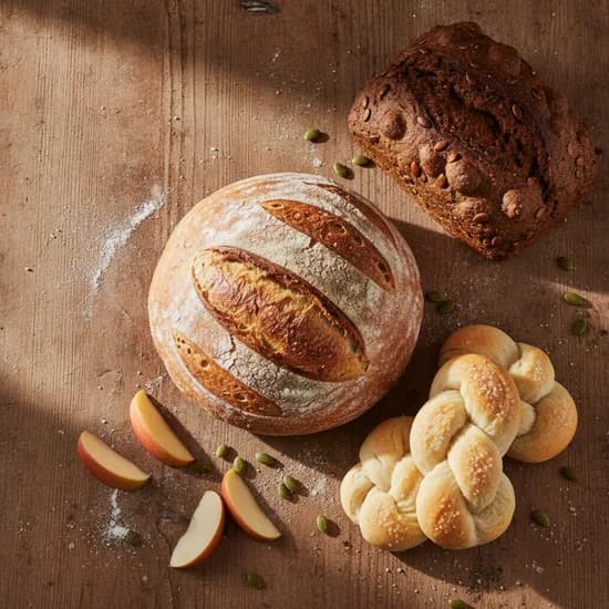 A scored sourdough round, a seeded rye loaf and braided knots on a wooden bench with apple slices and pumpkin seeds